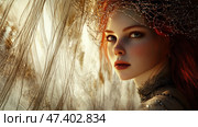 Portrait of a girl with fiery red hair, decorated with a thin, sparkling veil woven from threads and pearl droplets. Her skin is light, dotted with freckles, her gaze is piercing and deep, her blue eyes are filled with light. The background is blurred, golden, like a glowing fog or a field in the rays of the setting sun. The girl is like a character from myths - a forest witch, a fairy queen or a spirit of morning light. The atmosphere is refined, mystical and subtly magical. Стоковое AI-изображение, AI-художник Анна Кривицкая / Фотобанк Лори