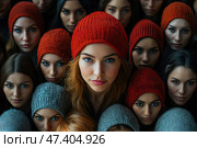 Expressive portrait of a group of young women standing very close to each other. In the center is a girl with reddish hair and a red knitted hat, looking straight at the camera with a confident and calm look. The other women surround her from all sides, creating the effect of a tight ring. They are also wearing knitted hats, mostly red and gray, with concentrated or neutral expressions on their faces. The composition emphasizes the individuality of the central figure and at the same time the idea of ​​​​unity and similarity. Стоковое AI-изображение, AI-художник Анна Кривицкая / Фотобанк Лори