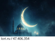 Nightly View of a Grand Mosque Illuminated Under a Bright Crescent Moon. Стоковое AI-изображение, AI-художник Юлия Гапеенко / Фотобанк Лори