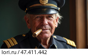 Man in Military Uniform Smokes Cigar Indoors While Looking Confidently at the Camera. Стоковое AI-изображение, AI-художник Sergey Grishin / Фотобанк Лори