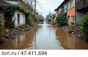 Flooded Streets in a Quiet Village After Heavy Rainfall, Reflecting the Stillness of the Surroundings and the Impact of Nature\'s Forces on Daily Life. Стоковое AI-изображение, AI-художник Sergey Grishin / Фотобанк Лори