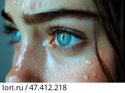 Женские глаза крупным планом, мокрое лицо, то ли дождь, то ли слезы. Стоковое AI-изображение, AI-художник Щеголева Ольга / Фотобанк Лори