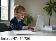 News anchor little boy. funny child headline tv. kids news.a boy in a suit is sitting in an office at a computer. Стоковое AI-изображение, AI-художник Роготнева Виктория / Фотобанк Лори