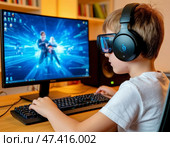 Limit the time children spend at the computer. Psychologists and pediatricians believe that a child can play on average no more than one, maximum two hours a day without harm to health. Стоковое AI-изображение, AI-художник Сергей Елизарьев / Фотобанк Лори