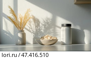 Fitness essentials laid out on a clean surface with natural light. Необходимые для фитнеса вещи расположены на чистой поверхности при естественном освещении. Стоковое AI-изображение, AI-художник Katsiaryna Repich / Фотобанк Лори