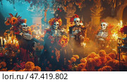 Skeletons celebrate D a de los Muertos surrounded by marigolds and candles in a vibrant altar setting. Стоковое AI-видео, аниматор Ekaterina Ismagilova / Фотобанк Лори