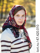 Portrait of a young beautiful woman with a scarf on her head. Стоковое фото, фотограф Андрей Аркуша / Фотобанк Лори