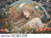 A charming fantasy scene of a young woman asleep in a blooming garden. Her face is calm, her eyes are closed, her hair flows in soft waves, intertwining with the surrounding plants. On her head she wears a wreath of delicate flowers, and in her ears are exquisite earrings. Around her there is a lush variety of flowers, birds and decorative elements. The background is designed as a mandala or stained glass with oriental motifs, including a tree of life, moon, bird and curls. The color palette is soft, pastel, with a predominance of light green, pink and blue tones. The image embodies nature, peace, beauty and magic. Стоковое AI-изображение, AI-художник Анна Кривицкая / Фотобанк Лори