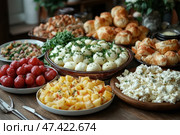 A plentiful table with traditional village food. In the center is a plate with balls of fresh cheese sprinkled with herbs. Around it are various snacks: baked potatoes, cottage cheese with herbs, tomatoes, salad with herbs and onions, as well as fluffy homemade buns and flatbreads. Everything is laid out on a wooden table, creating an atmosphere of coziness and home hospitality. The presence of herbs and natural ingredients emphasizes the freshness and naturalness of the food. Стоковое AI-изображение, AI-художник Анна Кривицкая / Фотобанк Лори