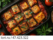 A delicious baked dish of eggplant rolls, laid out in a mold and covered with tomato sauce. The dish is decorated with fresh herbs (parsley or basil) and sprinkled with spices, which gives it a rich color and aroma. The eggplants are beautifully browned, and the tomato sauce seems thick and rich. Fresh tomatoes and herbs are visible in the background, emphasizing the naturalness and freshness of the dish. The scene is shot from above, in the style of food photography for a restaurant menu or a culinary blog. Стоковое AI-изображение, AI-художник Анна Кривицкая / Фотобанк Лори