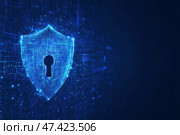 Цифровой щит с замком — кибербезопасность и защита данных. Стоковое AI-изображение, AI-художник Александр Жуков / Фотобанк Лори