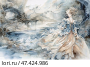 An exquisite fantasy watercolor illustration. A young woman in a lush historical dress with lace and ribbons stands against the backdrop of a fairy-tale landscape. Her outfit is done in soft pastel colors, dominated by blue, cream and peach. The wind plays with her dress and hair. Behind her is a mysterious landscape with mountains, an arched bridge and a water surface, creating an atmosphere of dreaminess and magic. The illustration resembles a scene from a romantic fairy tale or a fantasy novel. Стоковое AI-изображение, AI-художник Анна Кривицкая / Фотобанк Лори