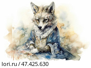 A watercolour illustration of a fox dressed in an elegant 18th century outfit. The animal is depicted seated, with a graceful posture, wearing an ornate blue doublet with gold patterns and a white lace jabot. The expression on the face is serious, almost aristocratic, which adds an element of humour and fairytale to the scene. The background is done in soft pastel colours with blurred spots, creating a sense of lightness, theatricality and vintage aesthetics. Стоковое AI-изображение, AI-художник Анна Кривицкая / Фотобанк Лори