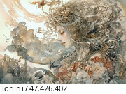 A beautiful girl with closed eyes, whose long hair turns into a complex composition of flowers, sea shells, leaves and architectural elements. Her image is organically intertwined with the surrounding fantasy world: in the background you can see castles in the air, rocks, flying creatures and fragments of ancient buildings. The overall color scheme is soft pastel tones, with accents of warm terracotta, gray-blue and milky shades. The picture conveys a sense of dreams, reveries, harmony and poetic magic. Стоковое AI-изображение, AI-художник Анна Кривицкая / Фотобанк Лори
