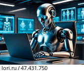 Робот сидит за столом с ноутбуком. Концепция технологий будущего в современном мире. Стоковое AI-изображение, AI-художник Руслан Лесков / Фотобанк Лори