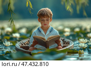 Мальчик в винтажном летнем костюме читает книгу, сидя в деревянной лодке. Озеро с цветущими кувшинками, летний день. Стоковое AI-изображение, AI-художник Щеголева Ольга / Фотобанк Лори