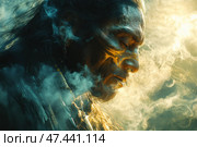 A close-up of a man with his eyes closed, surrounded by clouds of smoke and warm, diffused light. His face is covered with ritual drawings or tattoos, and his neck is decorated with necklaces of feathers, beads and claws. The atmosphere of the frame is filled with a sense of a sacred moment, meditation or shamanic ritual. The soft golden-green light creates a mystical and respectful mood, emphasizing the connection of man with nature and spiritual practices. Стоковое AI-изображение, AI-художник Анна Кривицкая / Фотобанк Лори
