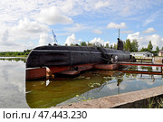 Музейный экспонат - подводная лодка Б-440, стоящая на вечной стоянке в городе Вытегре Вологодской области, и панорама Вытегорского озера (2024 год). Редакционное фото, фотограф Вера Смолянинова / Фотобанк Лори