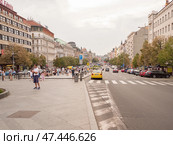 Prague, Czech Republic - August 5, 2018: Wenceslas Square Czech Republic famous landmark in Europe. Редакционное фото, фотограф Mikhail Davidovich / Фотобанк Лори