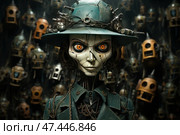 A steampunk-style humanoid robot with bright orange, hypnotically glowing eyes. His face resembles a doll mask with cracks and scars, and on his head is a green hat hung with wires and metal parts. He is dressed in a green coat, from under which gears and wires are visible. The background is filled with many other robot heads and parts, hanging like trophies on the wall. The atmosphere is ominous, mysterious, with a hint of a post-apocalyptic plot. Стоковое AI-изображение, AI-художник Анна Кривицкая / Фотобанк Лори