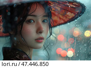 A beautiful girl in a traditional Asian dress under an umbrella, standing by a window covered with raindrops. The atmosphere is gentle and melancholic. The girl looks straight into the camera, her face is illuminated by a soft light, and in the background are blurred city lights (bokeh), creating an effect of coziness and dreaminess. Her gaze is deep and thoughtful, her hair is slightly damp, and drops of water on the glass add emotional depth. The composition is permeated with a feeling of a rainy evening and quiet loneliness. Стоковое AI-изображение, AI-художник Анна Кривицкая / Фотобанк Лори