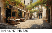 Charming spring landscape in a European city with vibrant flowers and empty cafe tables. Стоковое AI-изображение, AI-художник Ксения Лаптева / Фотобанк Лори