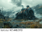 A post-apocalyptic or industrial landscape with an atmosphere of desolation. In the center is a rusty and destroyed steam locomotive, standing on abandoned tracks in the middle of a grassy street. Its front part is punctured, the body is covered with rust spots, and smoke is still rising from the chimney. Around are leaning buildings, wires, thick fog and mountains in the background, shrouded in clouds. All this creates the feeling of an abandoned place, as if time has stopped here. The color palette is cold, with a predominance of green-gray and rusty-orange shades. Стоковое AI-изображение, AI-художник Анна Кривицкая / Фотобанк Лори