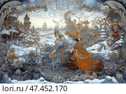 A fairytale scene, executed in the style of Russian folk painting or Palekh miniature. Two female figures in the center - one in blue, the other in an orange-gold outfit - are surrounded by graceful curls, flowers and patterns. Their headdresses turn into fantastic branches with flowers and birds. The background is a winter forest covered with snow, with trees, figurines of fairytale characters and a tower in the distance. The color palette is restrained and cold with accents of bright blue and warm orange. The composition conveys the atmosphere of a winter fairytale, magic and folklore. Стоковое AI-изображение, AI-художник Анна Кривицкая / Фотобанк Лори
