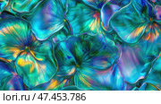Colorful opal flowers create a mesmerizing abstract background with holographic effects. Стоковое AI-изображение, AI-художник Ксения Лаптева / Фотобанк Лори