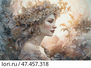 An exquisite digital illustration of a girl in profile, executed in the Art Nouveau style. Her face is refined and light, with soft shadows and expressive features. Her hair is wavy, decorated with a wreath of dried flowers and leaves, which organically blend into the surrounding background, creating a single harmonious artistic space. Warm sunlight frames the figure, emphasizing lightness, calmness and connection with nature. The composition is dominated by pastel colors - beige, gray-blue, ocher. The atmosphere of the painting is gentle, ephemeral and poetic. Стоковое AI-изображение, AI-художник Анна Кривицкая / Фотобанк Лори