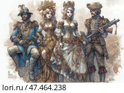 Four figures in rich, detailed costumes, made in the Baroque or Renaissance style with elements of fantasy and steampunk. Two men and two women stand next to each other, posing. The men look like warriors or hunters, dressed in decorated armor and vintage military uniforms, one of them holding a musket. The women are dressed in lush dresses with corsets, richly decorated with flowers, lace and ornaments. One of the women wears a crown of gold leaves. The overall style of the image combines the elegance of old fashion and a fantastic element, which makes the picture especially expressive. Стоковое AI-изображение, AI-художник Анна Кривицкая / Фотобанк Лори