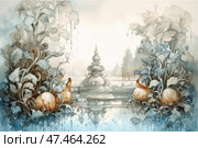 An exquisite watercolour composition with a symmetrical architectural and decorative scene. In the centre is a fountain or pavilion surrounded by a floral pattern reminiscent of Art Nouveau elements. On either side are stylised birds sitting among large leaves, flowers and fruits, possibly pomegranates. The colour palette is soft: bluish-grey and ochre shades with smooth transitions dominate. The illustration creates the feeling of a fairy-tale garden, a classical park or a fantasy world combining decorativeness and natural motifs. Стоковое AI-изображение, AI-художник Анна Кривицкая / Фотобанк Лори