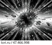 Черно-белые осколки стеклянной полу-прозрачной сферы разлетаются в разные стороны на большой скорости. Стоковое AI-изображение, AI-художник Ворошилова Евгения / Фотобанк Лори