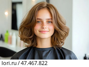 Довольная девушка в салоне красоты, парикмахерская, красивая стрижка. Стоковое AI-изображение, AI-художник Щеголева Ольга / Фотобанк Лори