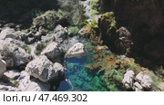 Crystal-clear water cascades down moss-covered rocks, forming a tranquil emerald green pool in a sun-drenched rocky canyon, creating a picturesque natural oasis. Редакционное видео, видеограф ILIA GOROKHOV / Фотобанк Лори