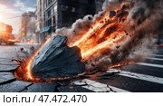 Meteorite impact crater on city street with fiery glow and rising debris. Стоковое AI-изображение, AI-художник Андрей Бакусов / Фотобанк Лори