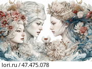 An artistic illustration of three girls, executed in an exquisite style reminiscent of digital watercolor or engraving. All three girls are surrounded by luxurious flowers, their hair intertwined with petals and foliage. The palette is delicate, with shades of white, beige, pink and blue predominating. The composition is symmetrical, dreamy and poetic, with an emphasis on natural beauty, femininity and mysticism. Стоковое AI-изображение, AI-художник Анна Кривицкая / Фотобанк Лори