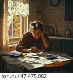 An elderly woman sits at a kitchen table, surrounded by a multitude of papers, receipts and two calculators. Her face expresses fatigue, anxiety and intense concentration as she holds a pen and studies the documents. Warm light pours through the window, illuminating the room with cozy curtains and vintage wallpaper. The autumn leaves outside the window give the scene a melancholic atmosphere. The setting indicates a home kitchen, with a kettle, a clock on the wall and dim lighting. The painting conveys the theme of financial difficulties, loneliness and the daily worries of the elderly. Стоковое AI-изображение, AI-художник Анна Кривицкая / Фотобанк Лори