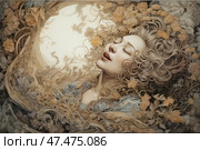 An artistic portrait of a woman with her eyes closed and her lips parted, as if she were singing or enjoying the moment. Her light curly hair is framed by flowers, leaves and decorative plant patterns that blend seamlessly with her surroundings. The composition is done in the Art Nouveau style, with soft lines and pastel colors. The background is a round light area reminiscent of the moon or the solar disk, creating a sense of magic, dream and inspiration. The overall atmosphere is romantic, sensual and almost fairy-tale-like. Стоковое AI-изображение, AI-художник Анна Кривицкая / Фотобанк Лори