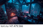 Cozy Winter Solstice Cyber Workstation: Celebrating Festive Cheer in a High-Tech Snowy Cabin. Стоковое AI-изображение, AI-художник Данила Большаков / Фотобанк Лори