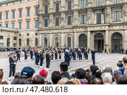 STOCKHOLM, SWEDEN - APRIL 30, 2018: A military band performs during the celebration of the 72nd birthday of King Carl XVI Gustaf at the Royal Palace in Stockholm. Редакционное фото, фотограф Сергей Комаров / Фотобанк Лори