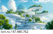 Utopian Future Eco-City Architecture: A Concept for Sustainable Living with Green Rooftops and Dome Structures. Стоковое AI-изображение, AI-художник Данила Большаков / Фотобанк Лори