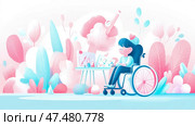 Illustration: Empowered artist on wheelchair, expressing creativity through painting, a celebration of inclusivity and artistic expression. Стоковое AI-изображение, AI-художник Данила Большаков / Фотобанк Лори