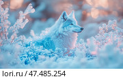 Winter's Majesty: A serene portrait of a noble canid amidst frost-kissed flora, conveying a sense of cold tranquility and wild beauty. Стоковое AI-изображение, AI-художник Данила Большаков / Фотобанк Лори