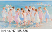 Summer Celebration: A group of girls frolics on the beach, enjoying the refreshing water and sunshine in impressionistic brushstrokes. Стоковое AI-изображение, AI-художник Данила Большаков / Фотобанк Лори