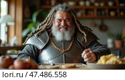 Man with long hair is sitting at a table with food. Стоковое AI-изображение, AI-художник Sergey Grishin / Фотобанк Лори