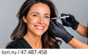 Beautiful mature woman with black hair receiving botox (filler) injection in her face at beauty salon. Стоковое AI-изображение, AI-художник Ирина Ручушкина / Фотобанк Лори