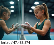 Girl is in a gymnasium, wearing a green tank top and white gloves. Стоковое AI-изображение, AI-художник Sergey Grishin / Фотобанк Лори