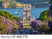 Belem Tower in Lisbon Framed by Blooming Jacaranda Trees and Sailboats on the Tagus River, Portugal (2024 год). Стоковое фото, фотограф Дмитрий Рухленко / Фотобанк Лори