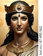 Goddess Aphrodite stands gracefully, her striking features highlighted by a golden crown. Adorned in exquisite jewelry, she exudes a timeless elegance, captivating all who behold her Generative AI. Стоковое AI-изображение, AI-художник Юлия Петровская / Фотобанк Лори